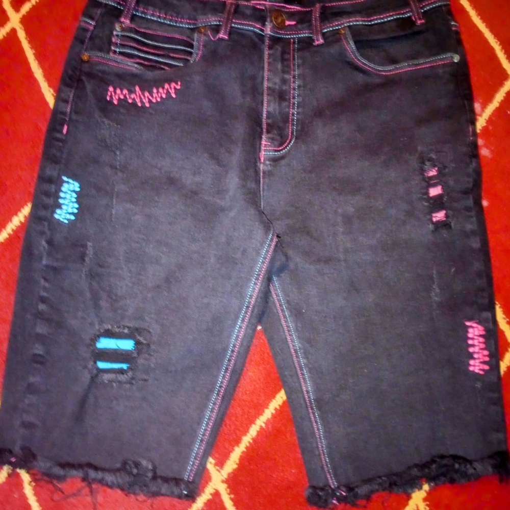 Pink and Black Distressed Jean Shorts with Raw Hem